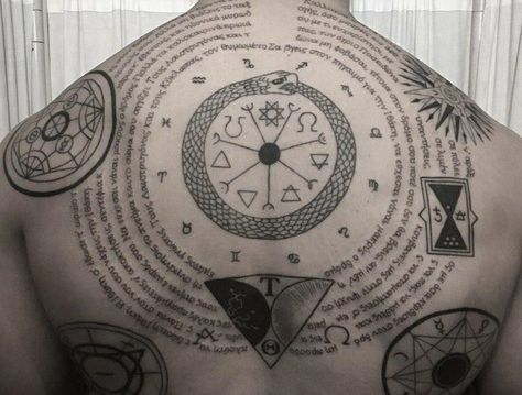 210+ Alchemy Tattoos Ideas and Designs (2023) - TattoosBoyGirl Ocult Tattoo Ideas, Alchemy Back Tattoo, Alchemy Circle Tattoo, Alchemy Tattoo Ideas, Alchemy Tattoos, Magick Tattoo, Occult Tattoos, Esoteric Tattoo, Alchemy Tattoo