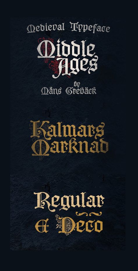 Middle Ages is a hand-drawn medieval type, designed by Måns Grebäck during 2019. Its blackletter style it works great in many historical context type settings, as well as for traditional Christmas projects. It has a Gothic style that also works well for rock music genres, or for tattoos and other rough graphics. The font multilingual and supports all Latin-based European languages #Middle #Ages #Medieval #Typeface #Font #Template #Graphics #Graphic #Design Medieval Font Alphabet, Royalty Graphic Design, Medieval Design Graphic, Medieval Logo Design, Medieval Branding, Medieval Typeface, Medieval Graphic Design, Medieval Typography, Gothic Graphic Design