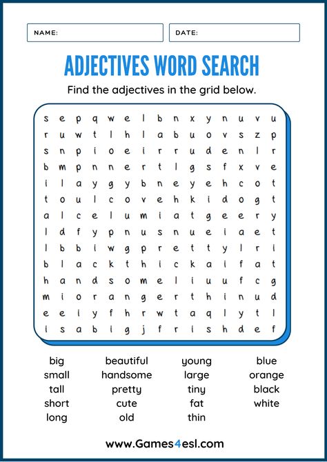 Teaching English For Beginners, Words Search Worksheet, Esl Games For Kids Teaching English, English For Beginners For Kids, Adjectives Word Search, English Class Activities, Esl Worksheets For Kids, English Lessons For Beginners, Adjectives Activity