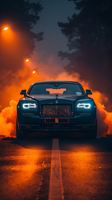 A luxurious black Rolls Royce against a dark backdrop, with orange smoke billowing and white headlights casting shadows on the highway road. Black Rolls Royce, Garage Mural, Rolls Royce Wallpaper, Rolls Royce Black, Casting Shadows, Luxury Cars Rolls Royce, Dream Cars Mercedes, Amoled Wallpapers, Bmw Wallpapers