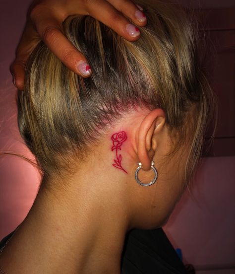 red rose tattoo behind ear Red Rose Tattoo Behind Ear, Rose Tattoo Behind Ear, Rose Neck Tattoo, Flower Neck Tattoo, Red Flower Tattoos, Butterfly With Flowers Tattoo, Rare Tattoos, Small Neck Tattoos