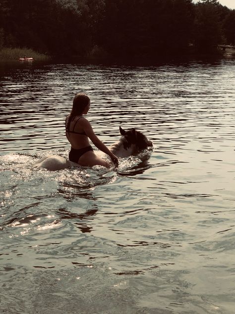 A girl wearing a bikini riding a horse in a lake. Horse Training Aesthetic, Horses Swimming, Swimming With Horses, Summer Horse Aesthetic, Horse Swimming, Horses In Water, Swimming In A Lake, Horse Summer Aesthetic, Horse Riding Beach