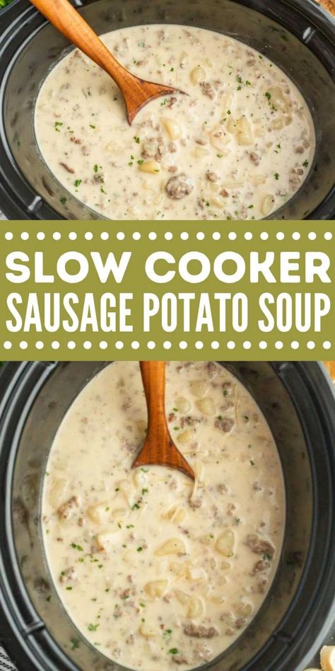 Crock Pot Sausage Potato Soup Recipe + Video Sausage And Potato Soup, Potato Soup Crock Pot Easy, Slow Cooker Sausage, Sausage Potato Soup, Sausage And Potatoes, Sausage Crockpot, Sausage Soup Recipes, Sausage Potato, Potato Soup Crock Pot