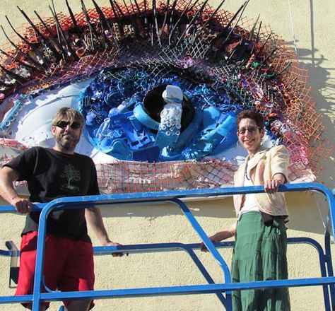 WEHO Council member Abbe Land surveys new commissioned work atop scissor-lift with artist Tom Deininger - tomdeiningerart.com Garbage Art Installation, Trash Animal Sculptures, Land Surveying, Scissor Lift, Trash Art, Medium Art, 3d Art, Cool Art, Sculpture