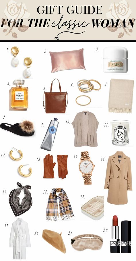 Classic and timeless fashion is talked about extensively on this blog, so it seemed only fitting to put together a gift guide for the classic and timeless woman. That’s you! These classic gift ideas are made to last and won’t go out of style. #holidaygifts #giftguide #holidaygiftguide #classicgifts List Of Accessories, Classic And Elegant Style, Elegant Gift For Woman, Classic Elegance Style, Clean Classic Style, Classic Going Out Outfit, Classic Timeless Style Women, Classy Womens Outfit, Classic Beauty Outfits