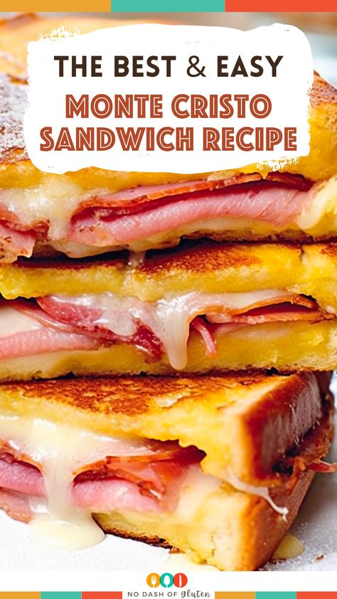 Whip up a delicious Monte Cristo Sandwich! Savory ham, melty gruyere, nestled between golden, egg-dipped bread slices. Perfect for brunch or a treat any day. Quick, easy, and utterly satisfying, this recipe promises to delight your taste buds. Ready in just 15 minutes, it's a must-try for sandwich lovers. Pin this recipe now and make your next meal a memorable one! Monte Cristo Sandwich Recipe, Ham Sandwich Recipes, Sandwich Inspiration, Savory Ham, Gluten Free Holiday Recipes, Bacon Dressing, Eat Meals, Monte Cristo Sandwich, Panini Recipes