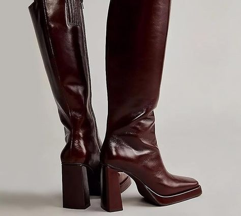 Dsevht Dark Red Leather Knee High Boots for Women Platform Chunky Block Heeled Burgundy Boots Square Toe and Side Zipper Design Fashion Dress 70s Gogo Boots 70s Gogo Boots, Fall Winter Boots, High Boots For Women, Burgundy Boots, Dress 70s, Leather Knee High Boots, Red Fall, Boots Square Toe, Boots Heel