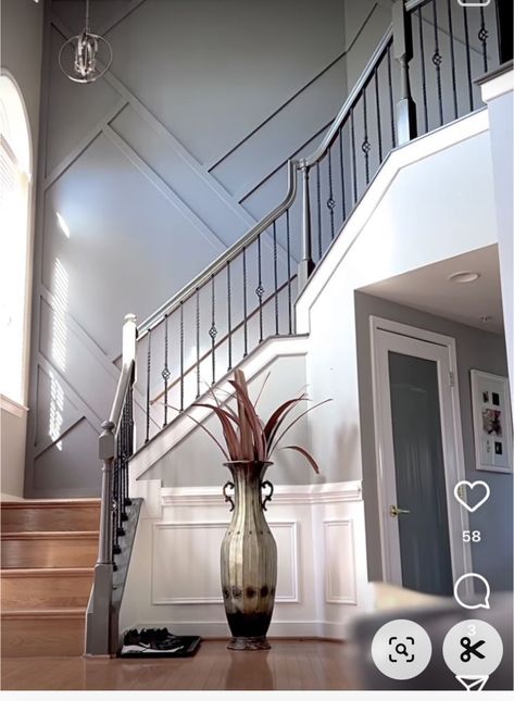 Dark Stairway Paint Colors, Accent Walls Going Up Stairs, Modern Home Staircase, Accent Wall Stairs Staircases, Wainscotting Ideas Stairway, Accent Wall In Stairwell, Accent Walls Staircase, Staircase Wall Color Ideas, Accent Wall Entryway Foyers