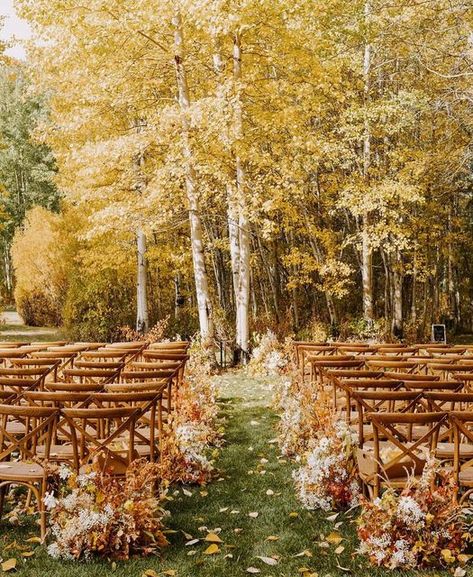 Rocky Mountain Bride | Wedding Inspiration on Instagram: "the magic of fall in the Rockies 🍁🍂 Where are all our fall couples at? drop a comment below if you’re saying “I do” with the fall foliage as your backdrop ⬇️ VENDORS Coordinator @heatherminorevents Photography @sofiadewolfephotography Floral @floret.designstudio Catering @rasberrys_eatery Bar @roadbars #fallwedding #sunvalley #idaho #idahowedding #idahoweddingphotographer #sunvalleywedding #rockymountainbride #fallwedding" Nature Fall Wedding, Oregon Fall Wedding, Fall Wedding In The Mountains, Autumn Mountain Wedding, Fall Weddings Outside, Fall Wedding Colorado, Fall Field Wedding, Mountain Wedding Fall, Fall Mountain Wedding Ideas