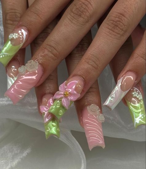 pictures could've been better but it's giving fairyy🧚🌸 . . . . . . . #fairy #fairycore #fairycorenails #pinknails #greenails #3dnailart #nailart #nailsofinstagram #cutenails #nails #nailsnailsnails #nailinspo #hesperia #victorvillenails #hesperianails #nailtech #hd #ie Fairy Garden Nails, Fairy Nails Acrylic, Fairy Nails Designs, Fairy Core Nails, Fairytale Nails, Sweetheart Nails, Fairycore Nails, Random Nails, Pretty Coffins