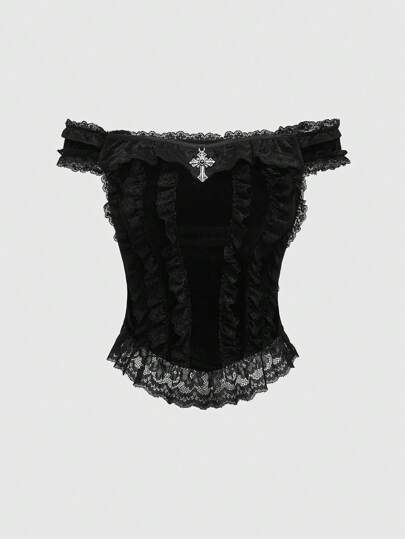 Goth Gothic Palace Style Cross Decoration Lace Trim Velvet Off Shoulder Women Top Cruz Outfits, Gothic Palace, Goth Plus Size, Goth Corset, Crosses Decor, Gothic Outfits, Mode Inspo, Closet Fashion, Teenage Fashion Outfits