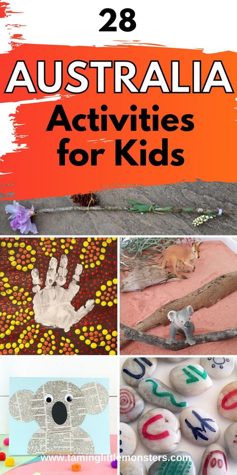 28 Australia Activities for Kids. Australian themed play ideas for toddlers and preschoolers. #toddlers #preschoolers Australian Animal Activities For Preschool, Australia Kindergarten Activities, Naidoc Activities For Kids, Australia Projects For Kids, Australia Crafts Preschool, Outback Rock Vbs Crafts, Australia Day Activities For Toddlers, Australia Activities Preschool, Aboriginal Activities For Toddlers