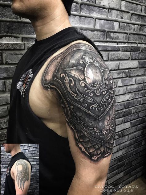 Shoulder to arm shield tattoo Shoulder Armor Tattoo Design For Men, Armour Tattoo Shoulder, Armor Half Sleeve Tattoo, Tattoo Shoulder Cover Up, Half Sleeve Cover Up Tattoo Men, Armor Shoulder Tattoo, Armour Tattoo Design, Shoulder Armor Tattoo Design, Tattoo Armor