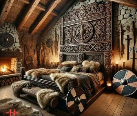 Viking Style Bedroom, Scottish Bedroom Ideas, Medieval Decor Interior Design, Modern Viking House, Cob Bedroom, Viking Bedroom Ideas, Vikings Bedroom, Viking House Interiors, Viking Decor Interior Design