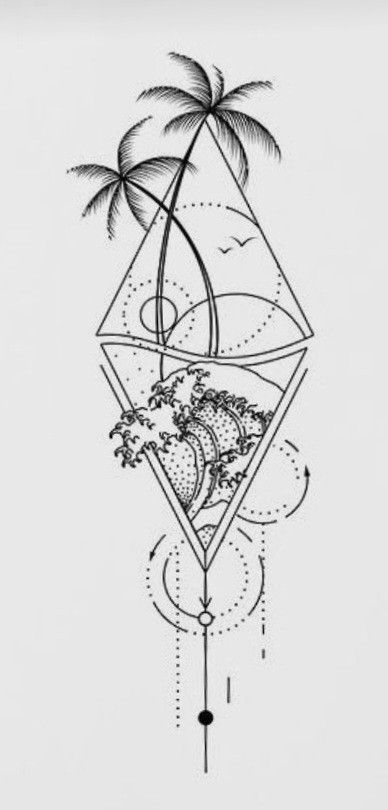 Triangle Palm Tree Tattoo, Tattoo Ideas Beach Ocean, Triangle Sea Tattoo, Mandala Beach Tattoo, Beachy Sketch Ideas, Big Ocean Tattoo, Bahamian Tattoo Ideas, Beach Triangle Tattoo, Bermuda Tattoo Ideas