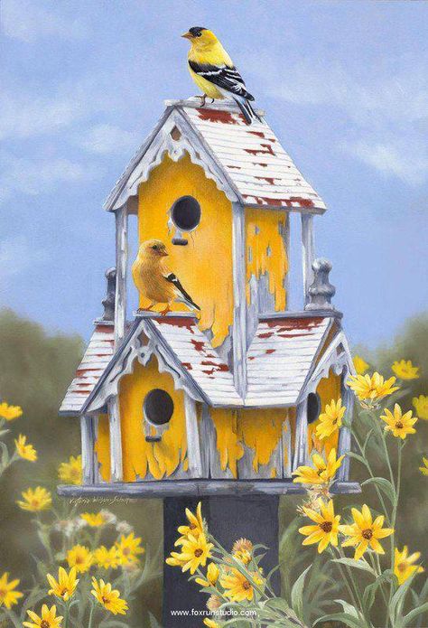 birds.  Yellow birds, Yellow house, Yellow flowers.  Did I say I like yellow Bird Condo, Finch Bird House, England Garden, Birdhouses Bird Feeders, Beautiful Birdhouses, Garden Birdhouses, Finches Bird, Diy Bird Feeder, Yellow Houses