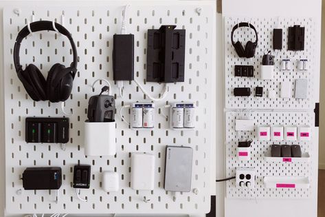 Look at this incredible aesthetically-pleasing charging station - The Verge Camera Charging Station Ideas, Peg Board Charging Station, Camera Charging Station, Ikea Charging Station, Home Charging Station Ideas, Charging Station Ideas, Hide Cable Box, Ikea Pegboard, Electronics Organization