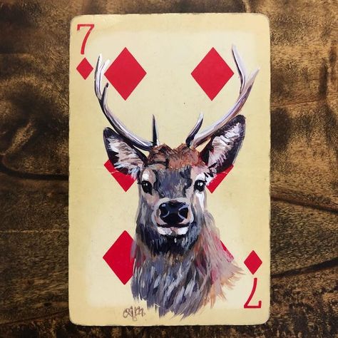 Andrea Murphy on Instagram: "Sold! Thanks for being here and being you!!👌 #Westernart #fineart #wildlifeart #deer #buck #hunter #originalart #painting #tinyart #playingcards #poker #hunting #acrylic #animalart" Buck Painting Acrylic, Painting On A Deck Of Cards, Hunting Painting Ideas, Deck Of Card Painting Ideas, Deck Of Cards Art, Painted Playing Cards, Bored Crafts, Western Drawings, Poker Art