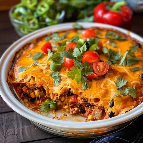 Enchilada Pie Recipe Enchilada Pie Recipe, Enchilada Pie, Chocolate Rice Krispies, Fried Apple Pies, Avocado Salad Dressing, Cheese Steak Sandwich, Fried Tortillas, Peanut Butter Chocolate Bars, Baked Shrimp