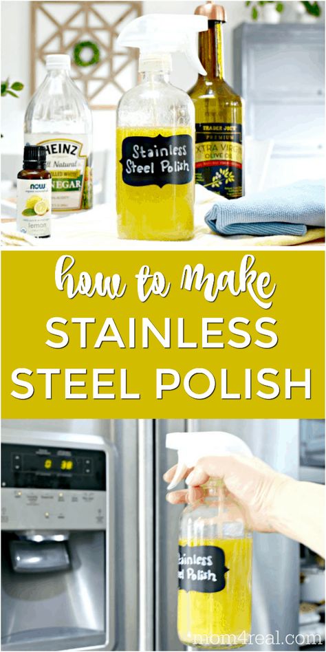 Cleaning stainless steel appliances is easier than you think, and this Homemade Stainless Steel Polish cuts through grease, fingerprints, and smudges while leaving your stainless steel clean and shiny too. The best thing...I'm going to show you how to make your own stainless steel polish and cleaner with only 3 ingredients! Homemade Stainless Steel Cleaner Appliances, How To Keep Fingerprints Off Stainless Steel Appliances, How To Polish Stainless Steel, Cleaner For Stainless Steel Appliances, Diy Stainless Steel Polish, Diy Stainless Steel Cleaner Appliances, Best Way To Clean Stainless Appliances, How To Clean Stainless Steel, How To Clean Stainless Steel Appliances