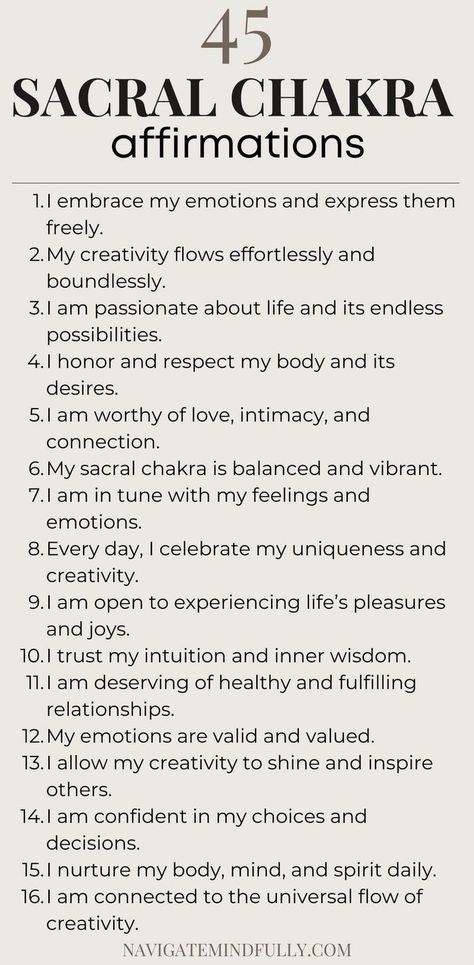 affirmations for sacral chakra Sacral Chakra Affirmation, Positive Statements, Chakra Health, Empowering Affirmations, Inner Harmony, Chakra Affirmations, Energy Quotes, Sacral Chakra, Feelings And Emotions