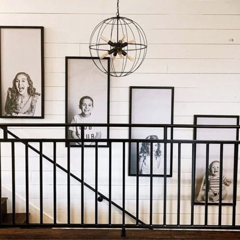 Picture Wall Ideas Going Upstairs, Vaulted Stairway Decor, Top Of The Stairs Decor, Top Of Stairs Decor Upstairs Landing, Wall Above Stairs Decor, Wall Arrangement Ideas, Shiplap Stairwell, Wall Above Stairs, Top Of Stairs Decor