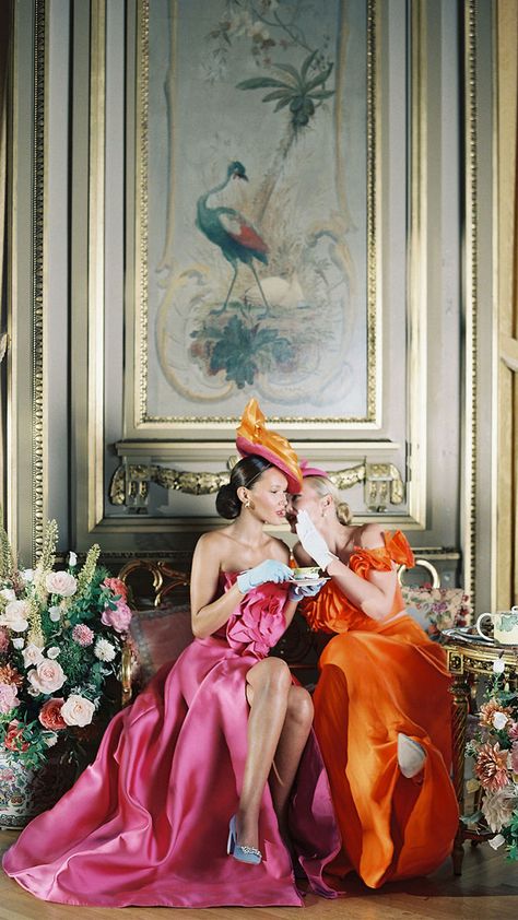 tea party themed product shoot with pink and orange gowns by lustre theory Colorful Tea Party, Tea Party Photography, Product Photo Shoot, Royal Tea Parties, All Things Bright And Beautiful, Sisters Photoshoot Poses, Spill The Tea, New Branding, Sisters Photoshoot