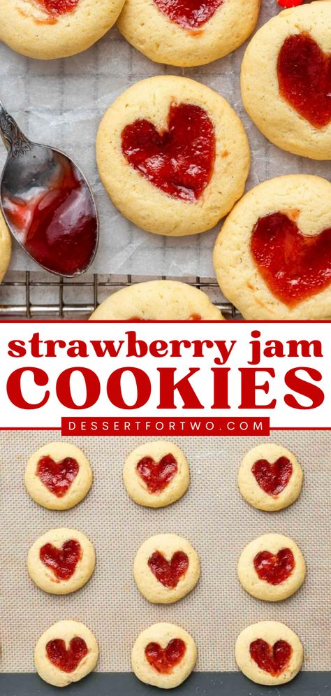 These Easy Strawberry Jam Cookies are the dessert to make at home all year long! This sweet food features a melt-in-your-mouth shortbread cookie recipe. With heart centers filled with strawberry jelly, these thumbprint cookies are cute and tasty! Valentine Cookies Easy, Strawberry Jam Cookies, Day Party Food Ideas, Heart Cookies Recipe, Valentines Cookies Recipe, Easy Strawberry Jam, Jelly Cookies, Valentines Baking, Thumbprint Cookies Recipe