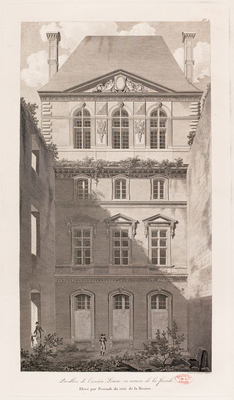 Baltard, Louis-Pierre     Due to the abandonment of the Louvre, the riverside wing was never completed and the old façade remained trapped behind large walls overgrown with weeds.     A Pavilion of the Old Louvre at the Back of the Riverside Façade Built by Perrault - 1802 – Etching and line engraving 3d Blueprint, Neo Classical Architecture, Large Walls, Glam House, German Architecture, Le Louvre, Carpentry And Joinery, Architectural Sketch, Architectural Drawing