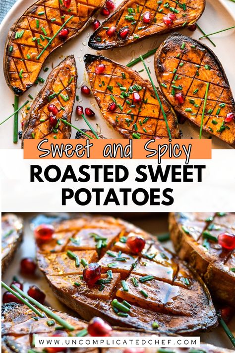 An image of Sweet and Spicy Roasted Sweet Potatoes on a white plate Crispy Sweet Potato Recipes, Spicy Sweet Potatoes, Mexican Sweet Potato, Savory Sweet Potato Recipes, Mexican Sweet Potatoes, Baked Sweet Potatoes, Crispy Sweet Potato, Yummy Sweet Potatoes, Holiday Side