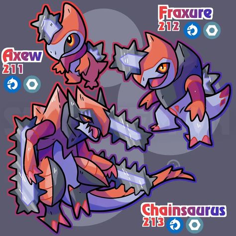 Sb.Fakemon su Instagram: "�💥⚙️ Meet the pseudo-legendaries for the Neona region, Axew, Fraxure and Chainsaurus, the chainsaw fakemons! I think the inspiration for…" Pokemon Dex, Kartu Pokemon, Pokemon Fake, Pokemon Sprites, Pokemon Fusion Art, Pokemon Breeds, Pokemon Oc, Cute Pokemon Pictures, Pokemon Pokedex