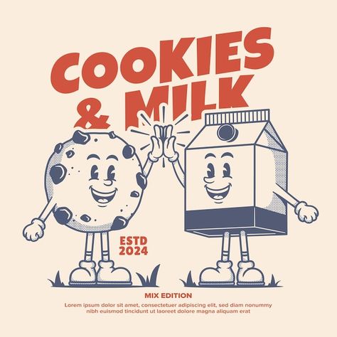 Food Characters Illustration, Retro Character Design Illustration, Breakfast Food Illustration, Retro Food Branding, Retro Mascot Illustration, Cookie Character Design, Retro Illustration Poster, Retro Mascot Character, Retro Character Illustration