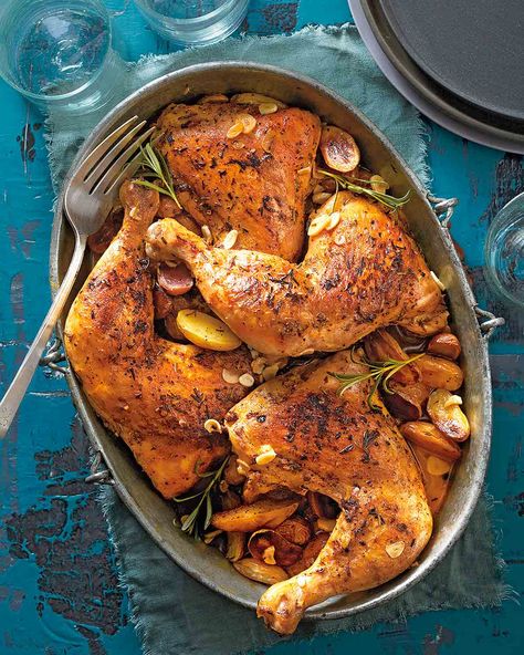 This slow-braised chicken dish takes a few hours but you’ll be rewarded first with the heady aromas and then with fall-off-the-bone chicken and meltingly delicious potatoes. #chicken #slowcooker #comfortfood Chicken Quarter Recipes, Fall Slow Cooker, Fall Slow Cooker Recipes, Chicken Quarters, Garlic Chicken Recipes, Rosemary Garlic, Braised Chicken, Crockpot Slow Cooker, Chicken Slow Cooker Recipes