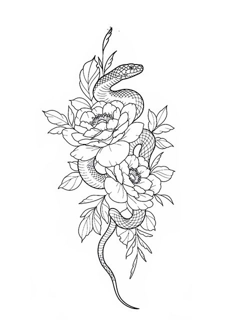 Snake And Lily Tattoo, Long Snake Drawing, Snake Stomach Tattoo, Printable Tattoo Designs Stencil, Filler Tattoo Ideas Gap, Snake And Flowers Tattoo, Dragon Tattoo Images, Gap Filler Tattoo, Tricep Tattoos