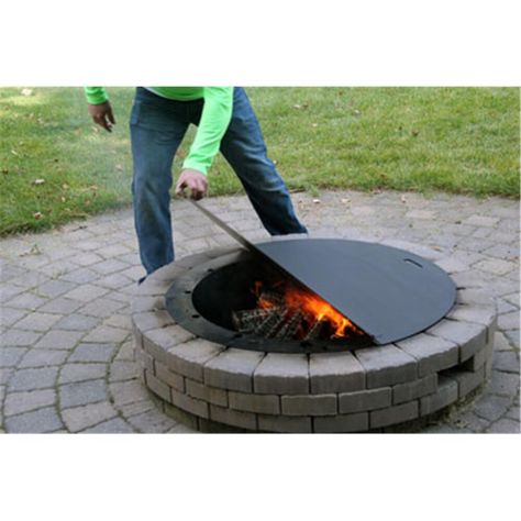 The Fire Snuffer . Steel fire pit safety cover. Fit fire pits up to 40 in diameter. Constructed from 14ga heavy duty steel, Stainless Steel. Handles for easy installation. New hinged style for easy storage. Put out that campfire safely!. Safety put out the fire. Protects ring and wood from the elements. Keep out pets and children. Dimnsions: 40 L x 2.5 H x 24.5 W. Fire Pit Surround, Fire Pit Safety, Fire Pit Plans, Round Fire Pit Cover, Stainless Steel Fire Pit, Outside Fire Pits, Outdoor Fire Pit Designs, Fire Pit Ring, Fire Pit Landscaping