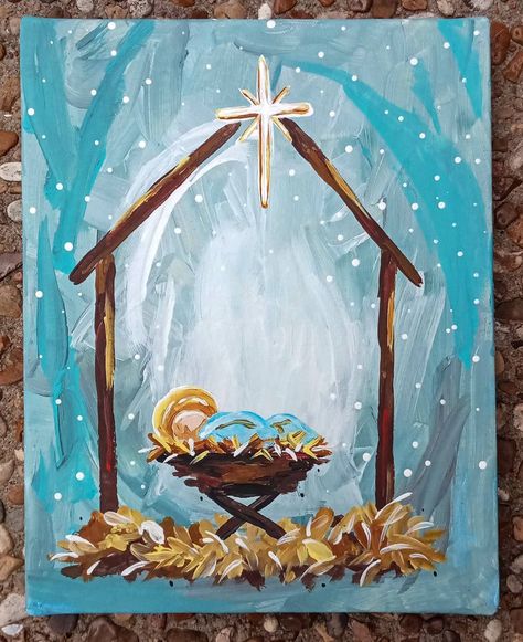 Nativity Canvas Art, 3 Canvas Christmas Painting, Manger Paintings Canvases, Simple Manger Scene Painting, Nativity Painting Tutorial, Nativity Scene Acrylic Painting, Nativity Scene Art For Kids, Nativity Painting For Kids, Acrylic Nativity Painting