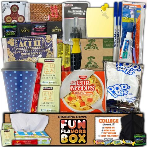 Freshman Survival Kit Snack Box College Care Package Thinking of You Student Self Care Personalized Gift Box Creative Anniversary Gifts For Husband, Back To College Gift Basket, Off To College Basket, Student Self Care, College Freshman Survival Kit, College Gift Baskets, Student Survival Kits, Dorm Gifts, College Survival Kit