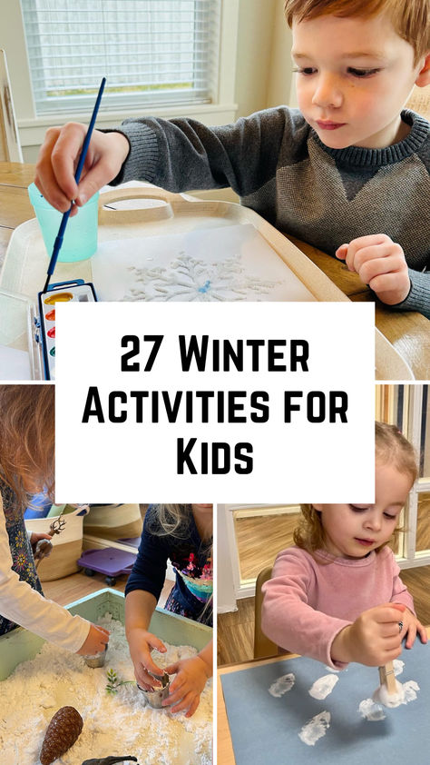 Collage of fun and creative winter activities for kids! From snowflake crafts to sensory play, keep your little ones engaged and entertained all season long. Winter Activities For 3 Yrs Kids, Snowday Fun Indoor Activities, Snow Themed Games For Kids, Winter Indoor Gross Motor Activities, Snow Day Kids Activities, Winter Activities For Two Year Olds, Snow Kids Activities, Snow Day Fun Indoor Activities, Winter Break Kids Activities