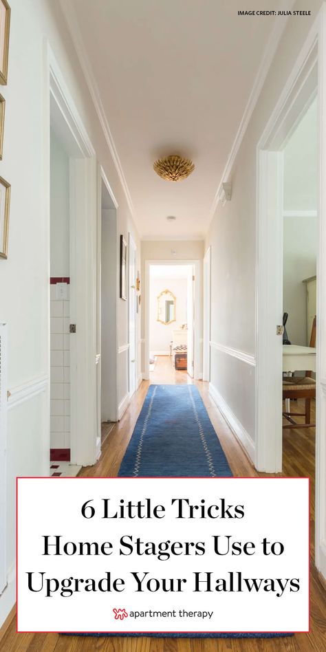 Condo Hallway Aesthetic, Narrow Hallway Artwork Ideas, How To Brighten A Hallway, Art For Narrow Hallway, Ideas For Narrow Hallways, Narrow Hallway Ceiling Ideas, Door At The End Of Hallway, All White Hallway, Creative Hallway Ideas