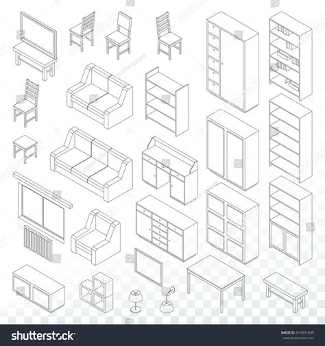 Isometric Furniture Drawing, Axonometric Furniture, Furniture Sketching, Isometric Furniture, Isometric Objects, Isometric Sketch, Isometric Drawing Exercises, Furniture Design Architecture, Table Sketch