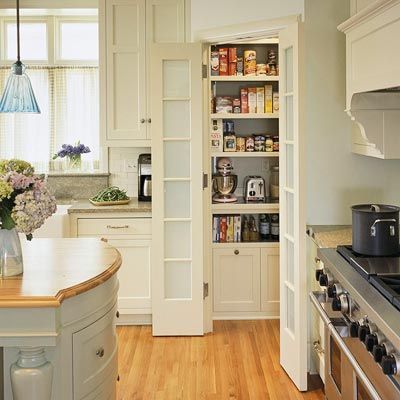 Corner Pantry              Split-door corner pantries are perfect for small kitchens with unused corner space. Here, the corner pantry helps keep walkways clear. Inside the pantry, custom shelving offers ample storage for food, supplies, and small appliances Corner Pantry, Pantry Closet, Decor Ikea, Kitchen Pantry Design, Kitchen Corner, Kitchen Decorating, Pantry Design, Pantry Cabinet, Kitchen Redo