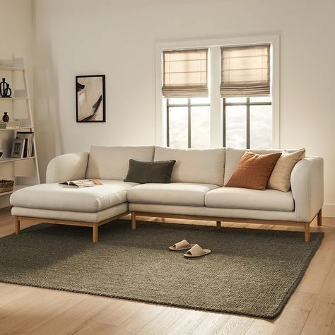 Kinso Buckler Ivory Left Sectional | Article Camel Sectional Sofa, White Couch With Rug, Sectional Couch Small Living Room, Studio Apartment Living Room Ideas, Light Sofa Living Room, White Sectional Living Room, Cozy Couches Living Room, Small Living Room Couch, Japandi Couch