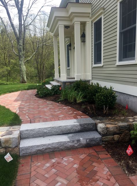 Oakwood Landscape & Construction, Inc. - brick herringbone walkway; granite steps; fieldstone wall Brick Front Entrance, Herringbone Walkway, Mansard House, Fieldstone Wall, Brick Pathways, Brick Stairs, Brick Herringbone, Granite Steps, Yard Entrance