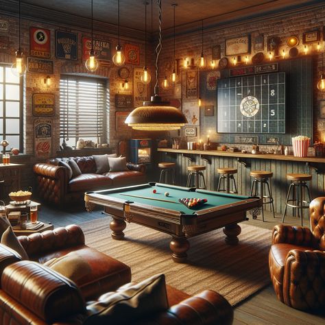 Experience the ultimate relaxation in this sports-themed man cave, flaunting leather seating and a wooden pool table, under warm lighting. The rustic brick wall houses a large TV, with a stocked bar and poker table nearby. #ManCave #HomeBar #GamesRoom #SportsMemorabilia #HomeDesign #LeisureSpace. Sports Bar Interior, Garage Bars, Irish Pub Design, Basement Pub, Game Room Ideas Man Caves, Rustic Brick Wall, Underground Bar, Wooden Pool, Brewery Bar