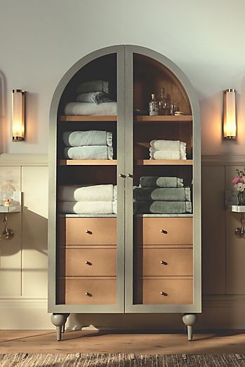 Bathrooms With Storage Cabinets, Linen Wardrobe Cabinet, Bathroom Armoire Storage, Arched Storage Cabinet, Fern Storage Cabinet, Cloth Cabinet, Clutter Solutions, Natural Wood Texture, Six Drawer Dresser