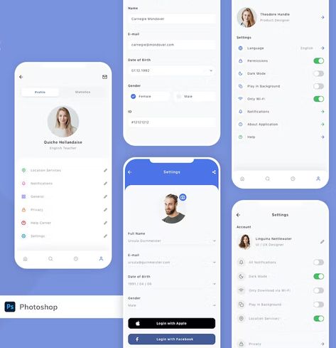 Settings Pages Mobile App User Interface Kit Settings Ui Design Mobile App, Mobile App Profile Page, User Interface Design Mobile App, App Profile Design, Profile Page Ui Mobile, User Profile Ui Design, Mobile App Design Templates, Mobile Portfolio, Schedule App