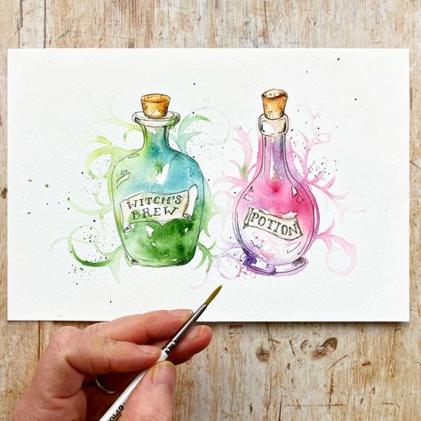 Halloween Watercolour Painting Ideas, Mini Watercolor Ideas, Watercolor Paintings Halloween, Halloween Watercolour Painting, Drawing Watercolor Ideas, Watercolour Halloween Art, Witchy Watercolor Paintings, Halloween Watercolor Ideas, Watercolor Line And Wash