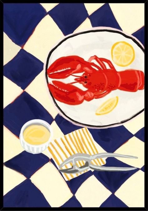 Lobster Art, Coconut Bowls, Illustration Kunst, Foodie Art, Checkered Tablecloth, Red Lobster, Arte Inspo, Art Et Illustration, Art Collage Wall