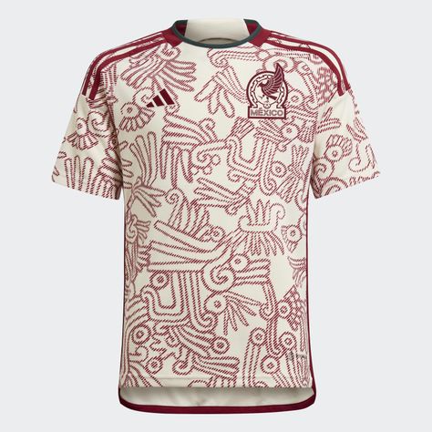 Inspired by ancient civilizations. adidas infused this juniors' Mexico away jersey with Mixtec art and Aztec deities to summon the fighting spirit required to rule the soccer world. Amidst that eye-catching allover design, a signoff displays Quetzalcoatl's serpent body — a representation of humankind's physical capabilities. Mesh inserts and moisture-wicking AEROREADY keep you comfortable. A brand-new team badge symbolizes fresh hope. Made with 100% recycled materials, this product represents j Mexican Team, Mexico World Cup, Mexico National Team, Mexico Soccer, Real Salt Lake, Team Badge, Allover Design, Toronto Fc, Soccer Gear