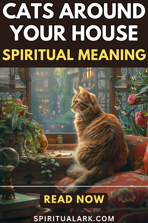 at the top of this post is the title that says, "cats around your house, spiritual meaning", at the center of this post is a photo of a cat sitting on the couch in the living room, below the photo of the main subject is a button that contains the words "read now", and at the bottom of this post is the website source which is "SpiritualArk.com" Cat Symbolism, Cat Spirit Animal, Orange And White Cat, Cat Spirit, Cats Outside, White And Black Cat, Mean Cat, Cat Hacks, Kitty Love